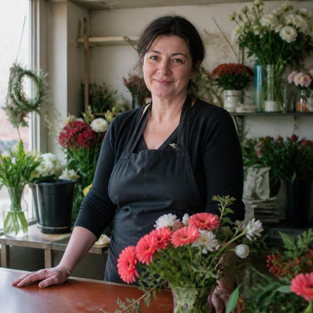 Floristka ve svém květinářství na severním okraji Prahy, klientka marketingu pro malé firmy